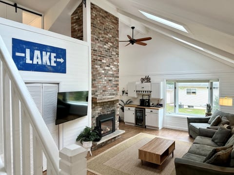 Cozy cabin-style living space and coffee bar