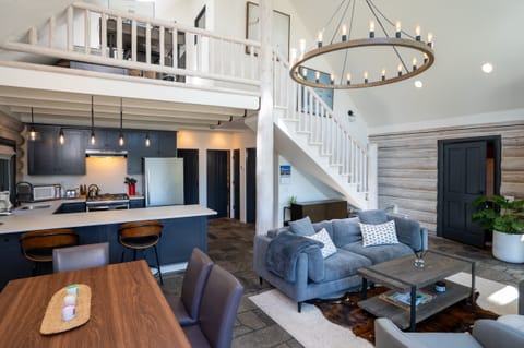 open plan kitchen, living room and dining room