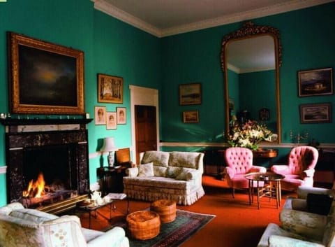 Drawing room (sitting room) with beautiful light and an open fire.
