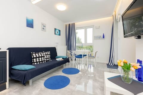 A bright living area with a navy sofa, blue accents, and coffee table.
