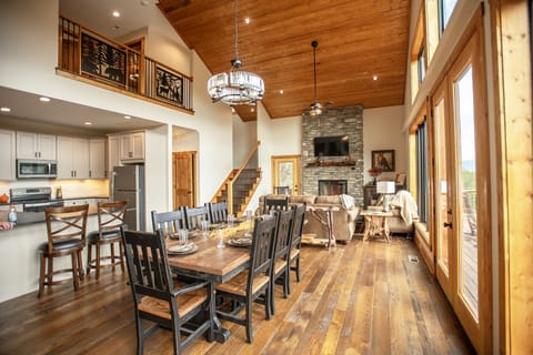 Open concept design for dining, kitchen and living room.