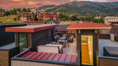 Aerial view of the rooftop patio