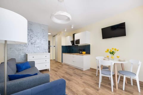 A perspective of the open-plan kitchen, dining, and living space, emphasizing its airy design.
