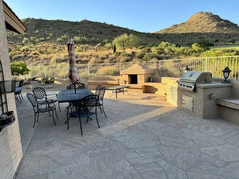 Patio, with dining, outdoor grill and fireplace