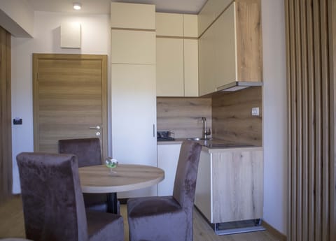 Dining room and kitchen share the space