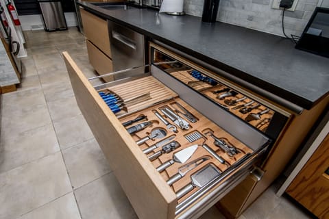 Kitchen utensils are readily available.