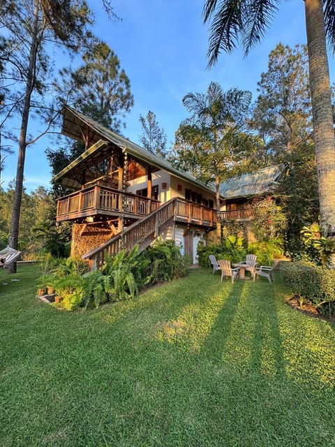 Facade of house from backyard patio.
