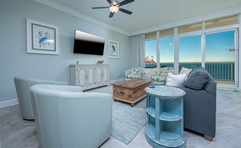 Relax on the plush sofa with a queen sleeper, stream shows on the TV, and gaze at the gulf from the balcony