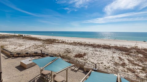 Enjoy the serene beachfront view from your patio, perfect for relaxing and soaking up the sun