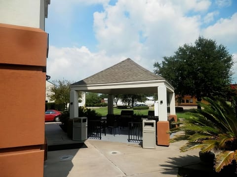 Step outside and relax under the shaded courtyard pavilion.
