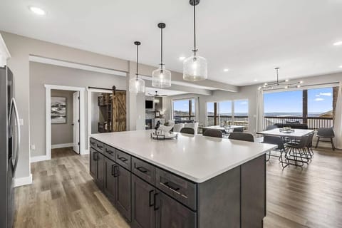 Kitchen Island. Mini-Bunkroom in background. Living Rm and Back Deck also b/g.