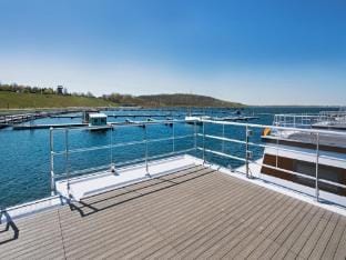 Hausboot Junior am Geiseltalsee, Braunsbreda Docked boat in Thuringia, Germany