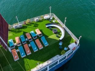 Le Journey Calypso & Verdure Lotus Cruises Docked boat in Laos