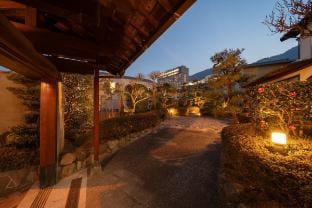 The mountain is Fuji, the hot spring is Beppu Villa in Japan