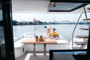 Saigon Luxury Private Yacht Prestige 590 Docked boat in Ho Chi Minh City