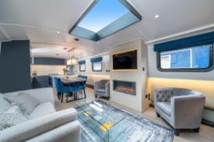Elegant houseboat near Canary Wharf Docked boat in London