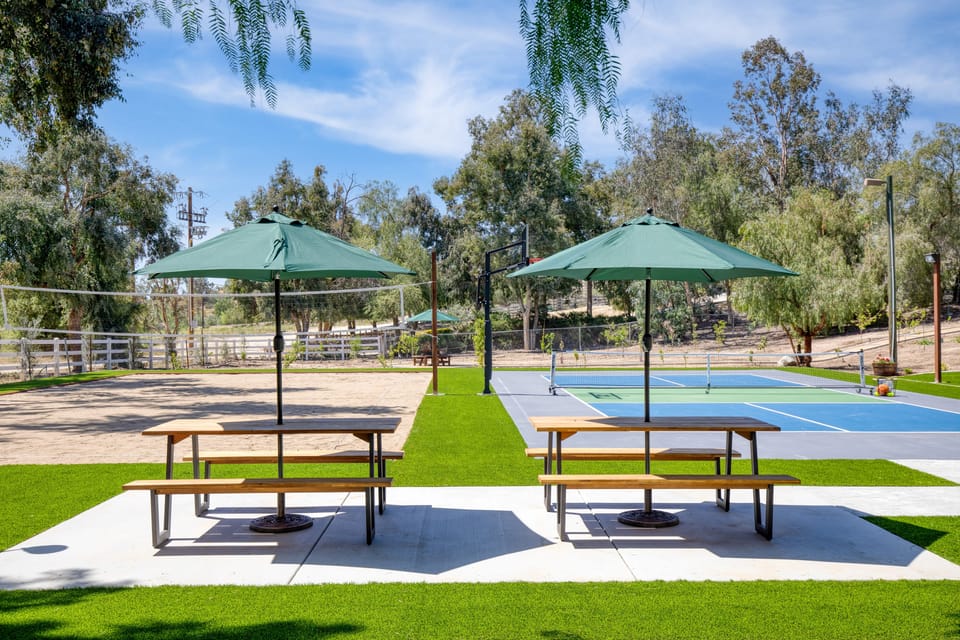 Challenge your friends to pickleball, volleyball, or basketball.