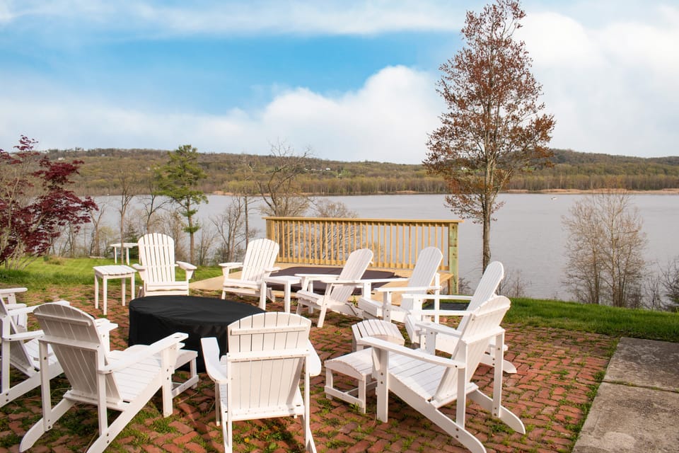 Firepit with plenty of seating and views of the Hudson River.