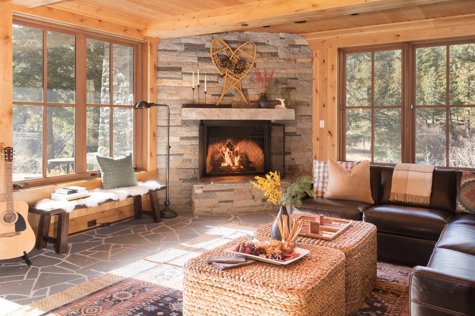 Natural light fills the cozy interior.