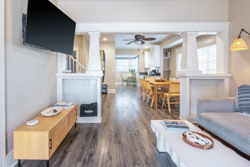 Cozy main area with a sleep sofa and chic decor.