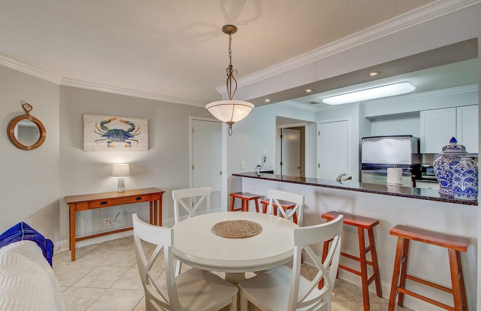 Dining and seating at the breakfast bar.