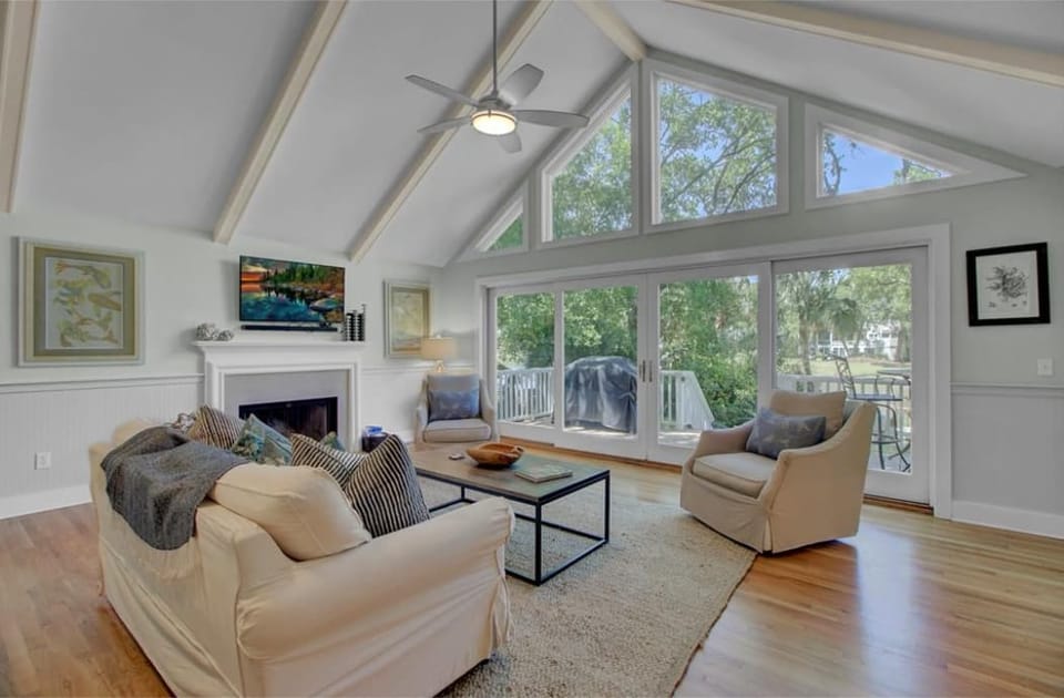 Newly updated living area with access to the porch.