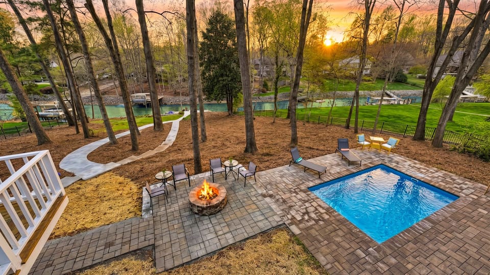 Our poolside oasis with a touch of firelit elegance.