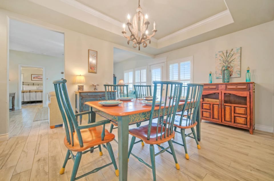 Dining table has seating for 6.