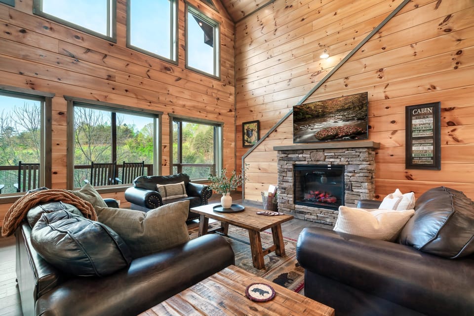Kick back around the fireplace in the living room.