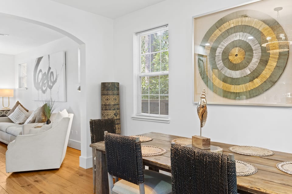 An inviting dining area with artistic decor.