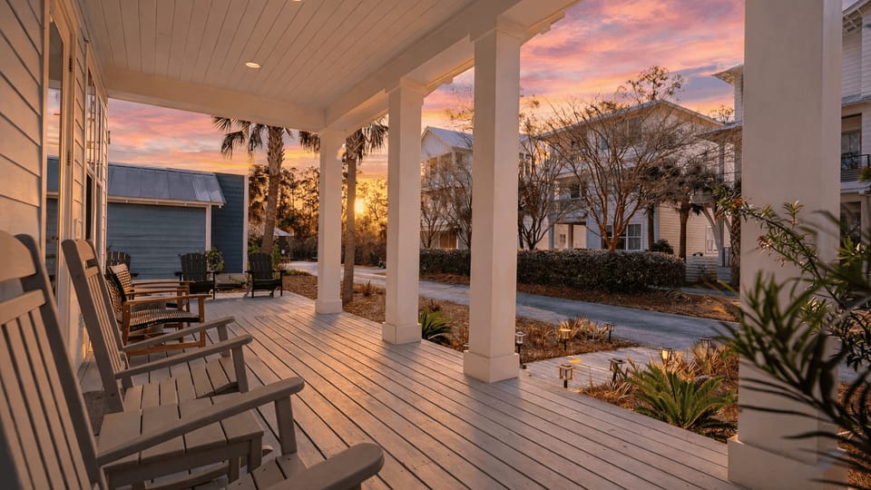 Bright porch overlooking quiet street.