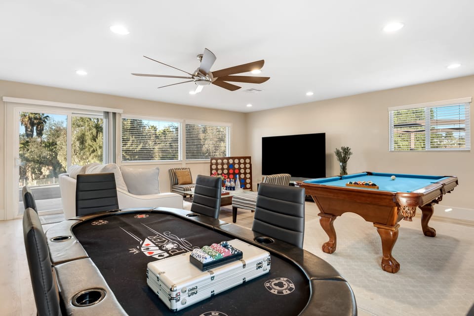 Poker table and pool table.