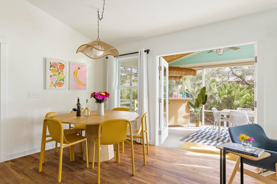 Enjoy easy access to the front porch and tiki bar.