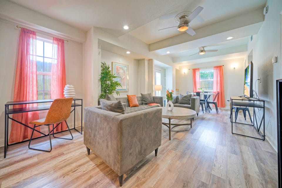 Spacious living with a designated work area.