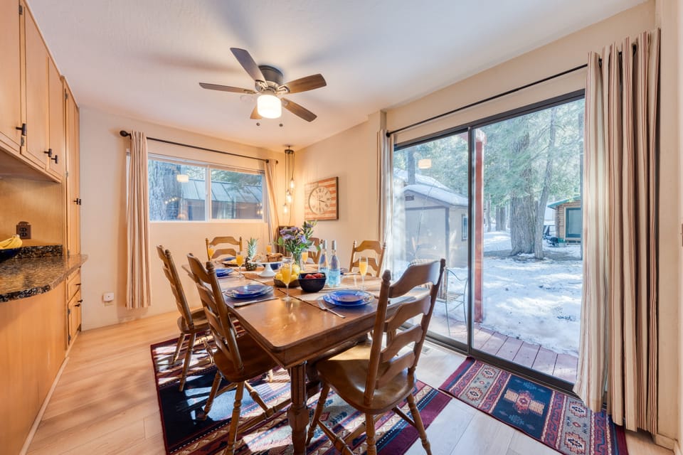 Dining area near sliding glass doors.