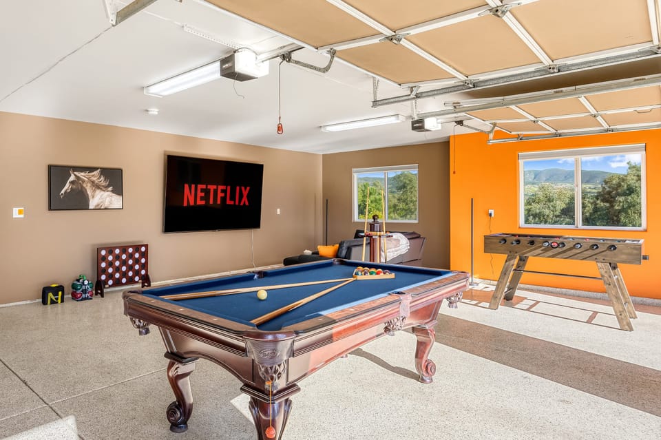 Pool and foosball tables.