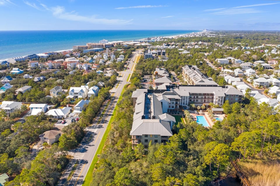 Aerial view of the property's prime coastal location.