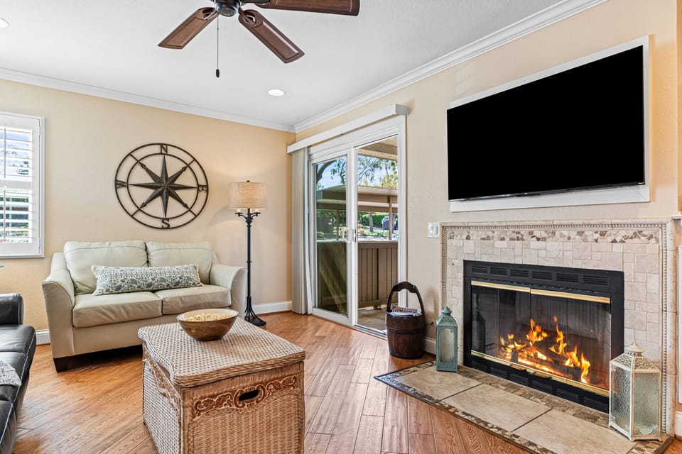 Cozy living room with fireplace.
