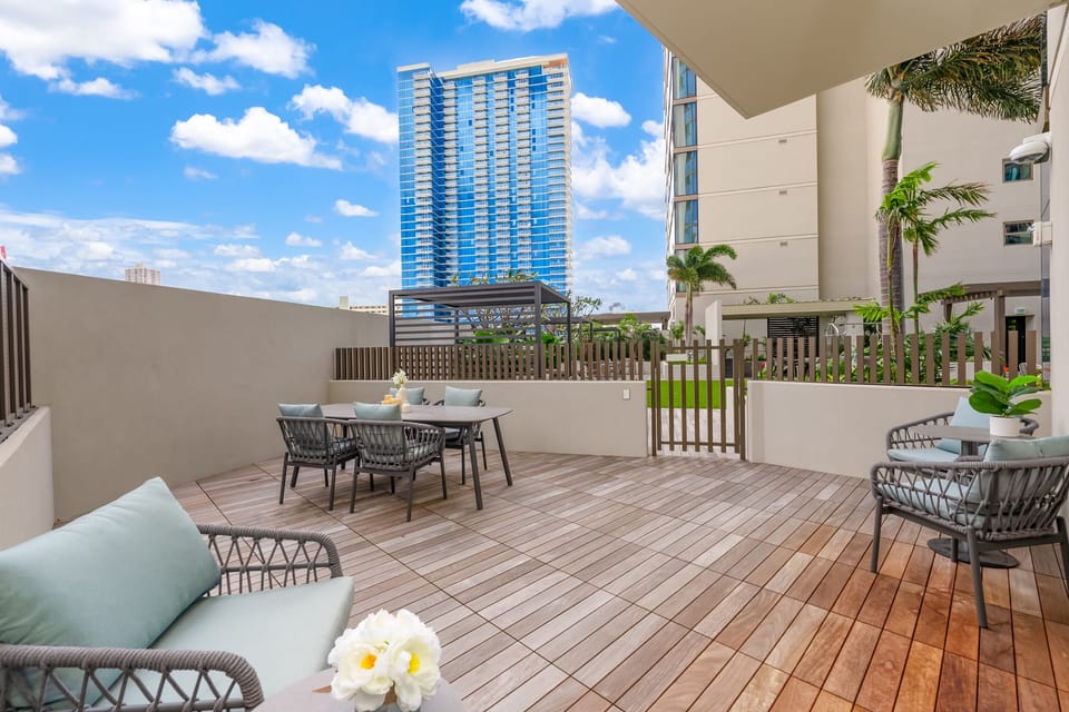 The lounging area is perfect for morning coffee or alfresco dining.