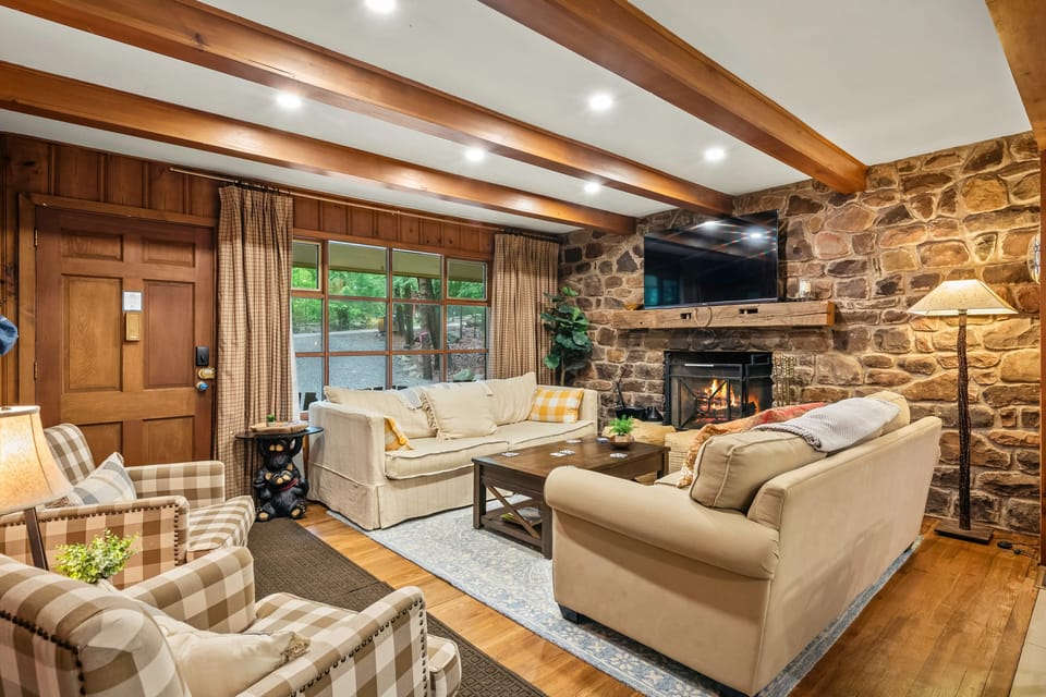 Inviting living room with fireplace.
