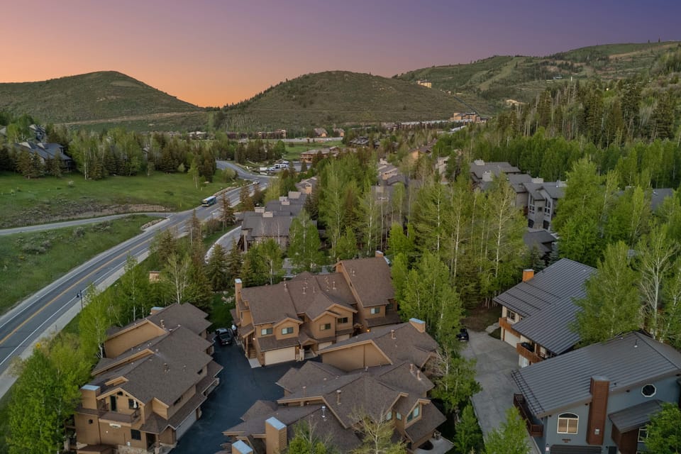 Aerial view of the home nestled in the trees and mountains.