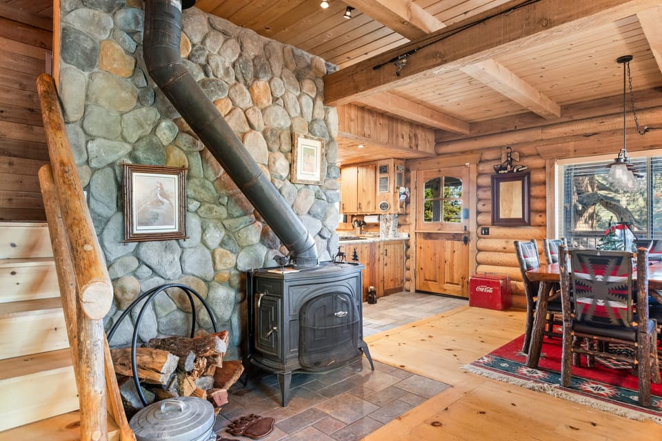 Wood-burning fireplace.