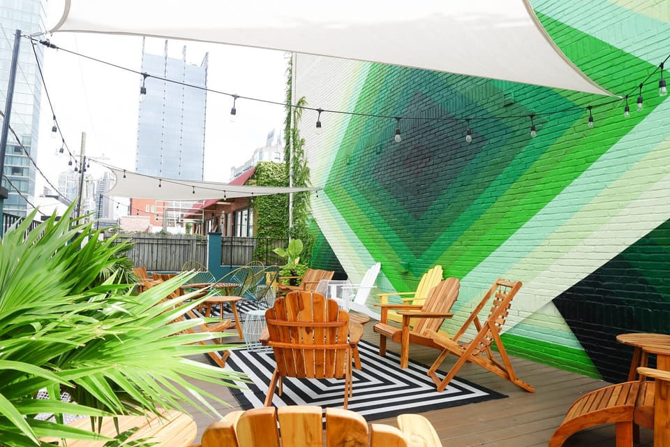 Vibrant lounge spaces and local art.