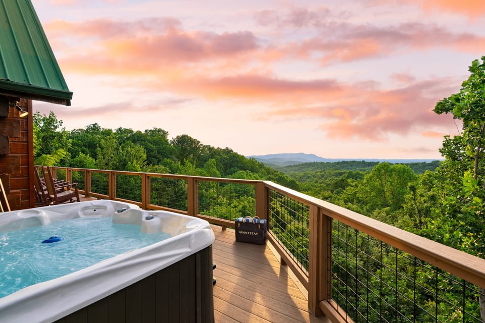 Unwind in the hot tub under the sunset. (Big Bear Lodge)