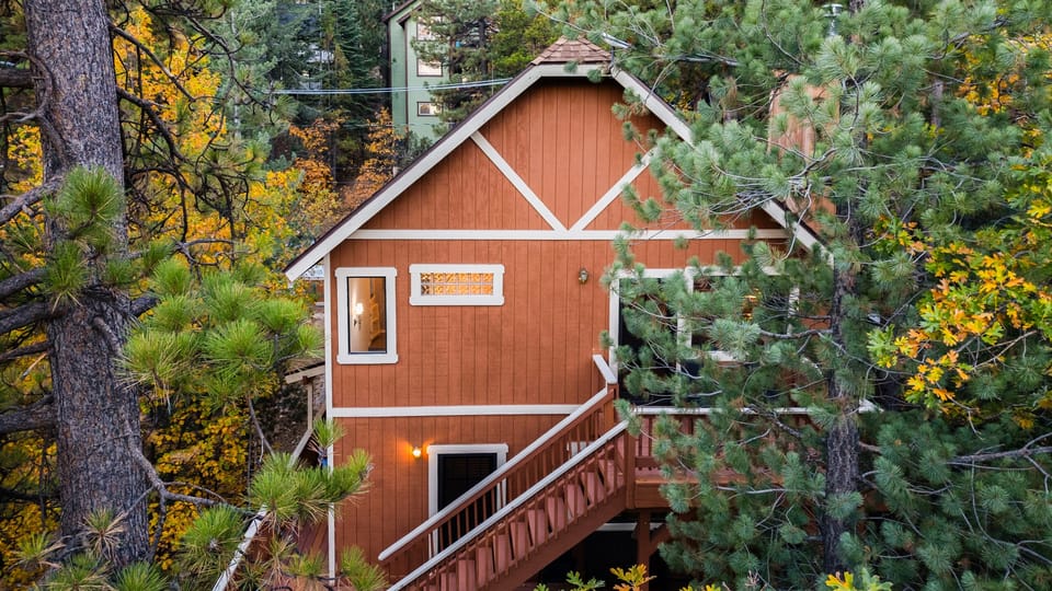 Aerial view of the multi-deck cabin retreat.