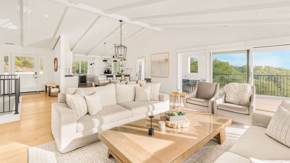 Open-concept living room in the main house.
