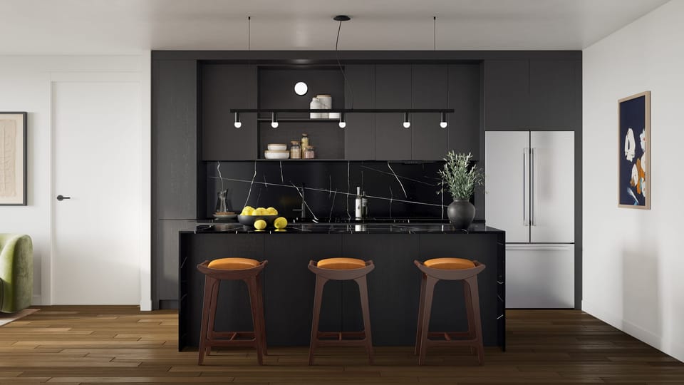 1 Bedroom Suite: Modern kitchen with sleek design and island seating.