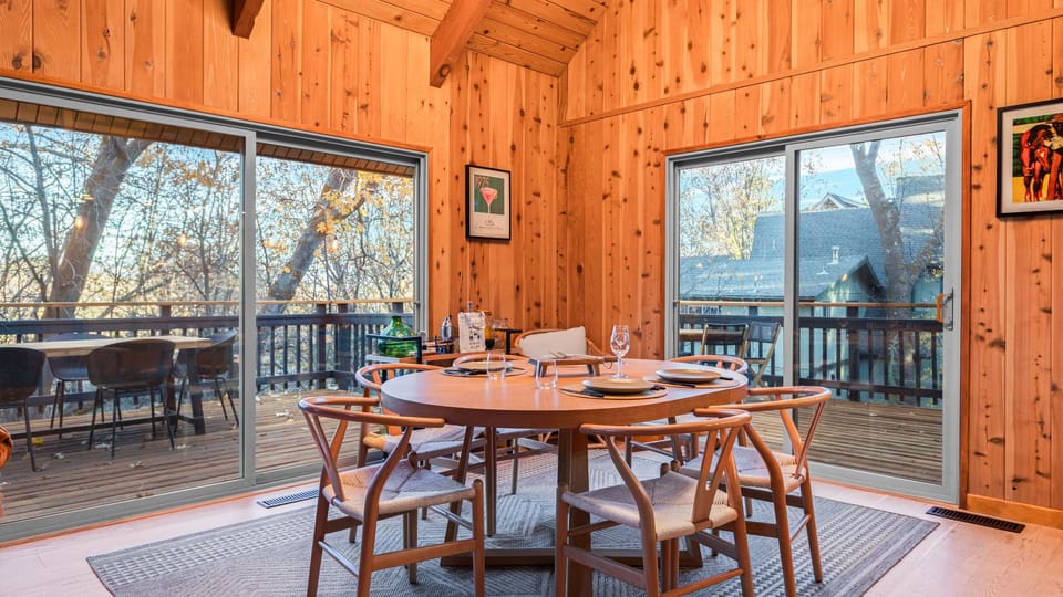 Rustic charm meets modern comfort in this open dining space.