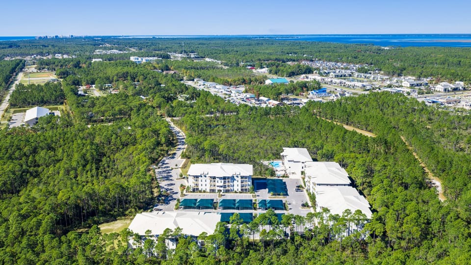 Aerial view of the resort-style community surrounded by serene protected forests.