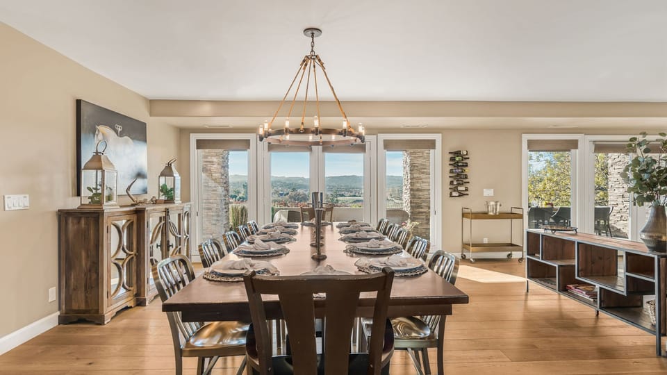 Elegant dining room with French doors to the patio.